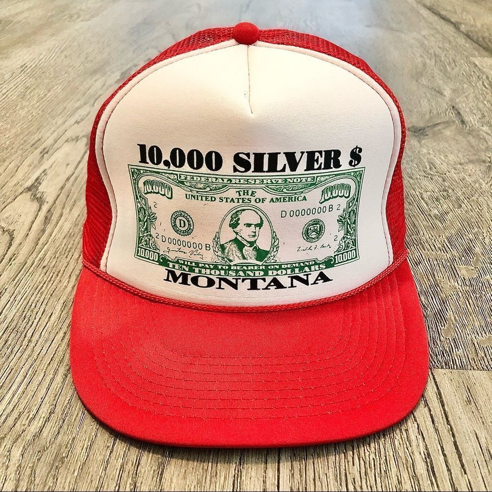 Vintage Foam & Mesh Rope Flat Brim Snapback Hat Cap 10,000 Silver $ Bar Montana